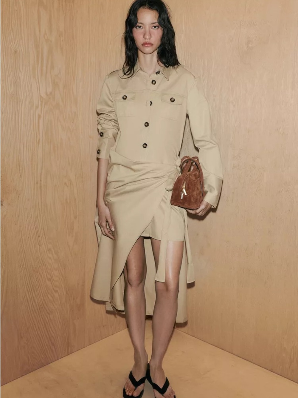Zara Beige Utility-Style High-Low Shirt Dress